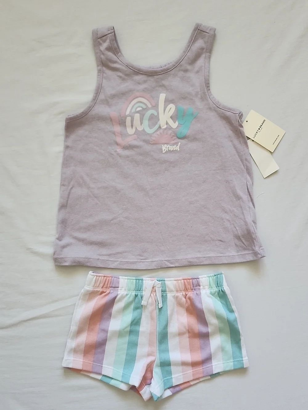 NWT Lucky Brand Kids Girl Tank Top & Pastel Stripe Shorts Set Size 5